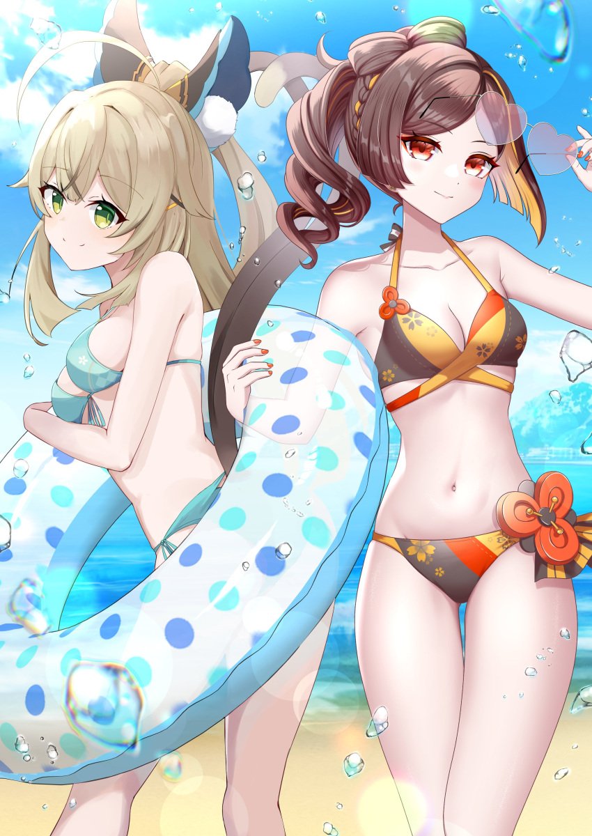 2d 2d_(artwork) 2girls alternate_costume animal_tail beach bikini bikini_bottom bikini_top blonde_hair bra brown_hair cat_tail chiori_(genshin_impact) clouds day female female_focus female_only front_view genshin_impact green_eyes high_resolution highres hoyoverse kirara_(genshin_impact) light-skinned_female light_skin long_hair looking_at_viewer medium_hair mihoyo ocean outdoors revealing_swimsuit sky slim_girl small_breasts standing summer swimsuit tateko25wiz thong thong_bikini two_piece_swimsuit two_tone_hair water yellow_hair young younger_female