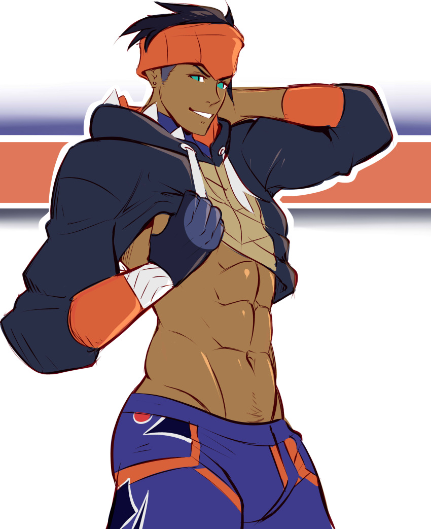 1boy abs black_hair cocky gasaiv gloves hand_behind_head headband hoodie hoodie_lift looking_at_viewer male male_only muscular pokemon pokemon_ss raihan_(pokemon) shirt_lift shorts smile smiling_at_viewer smirk smirking_at_viewer smug solo solo_male standing