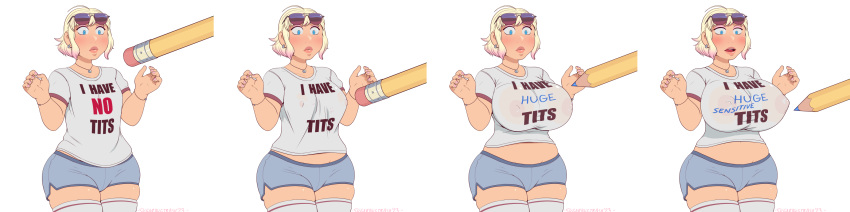 1girls big_breasts breast_expansion breasts female fourth_wall huge_breasts nipple_bulge nipples pencil sequence short_hair shorts sugarbugtrash sunglasses_on_head text text_on_clothing