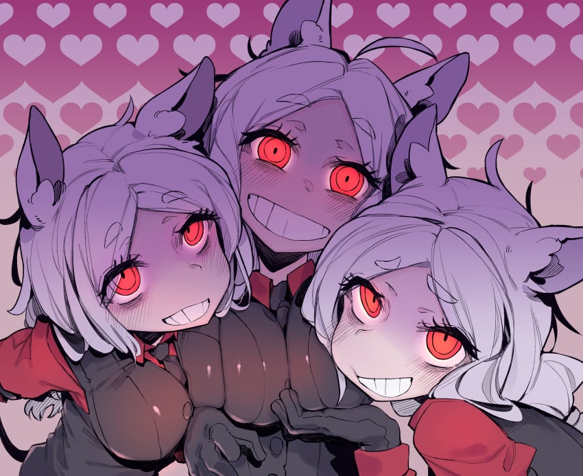 3girls ahoge animal_ears big_breasts black_gloves breasts cerberus_(helltaker) color cute dog_ears dog_girl eager gloves grin heart helltaker karasu_raven light-skinned_female looking_at_viewer multiple_girls red_eyes smile teeth white_hair