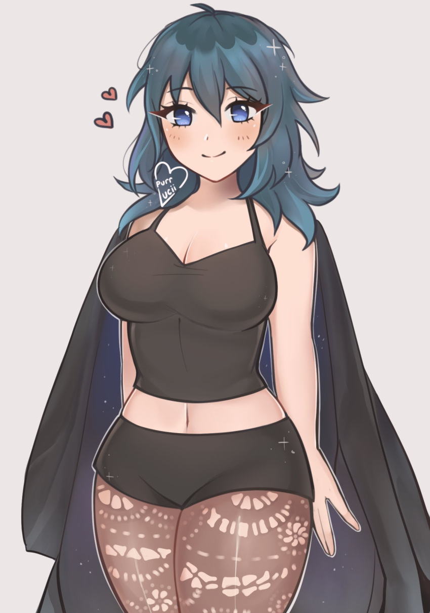 1girls alternate_costume bare_shoulders black_cape black_shorts blue_eyes blue_hair breasts byleth_(female)_(fire_emblem) byleth_(fire_emblem) camisole cape cleavage cowboy_shot crop_top female female_only fire_emblem fire_emblem:_three_houses grey_background heart highres large_breasts long_hair looking_at_viewer midriff navel nintendo pantyhose pantyhose_under_shorts purrlucii revision short_shorts shorts simple_background solo spaghetti_strap standing teal_hair thighs