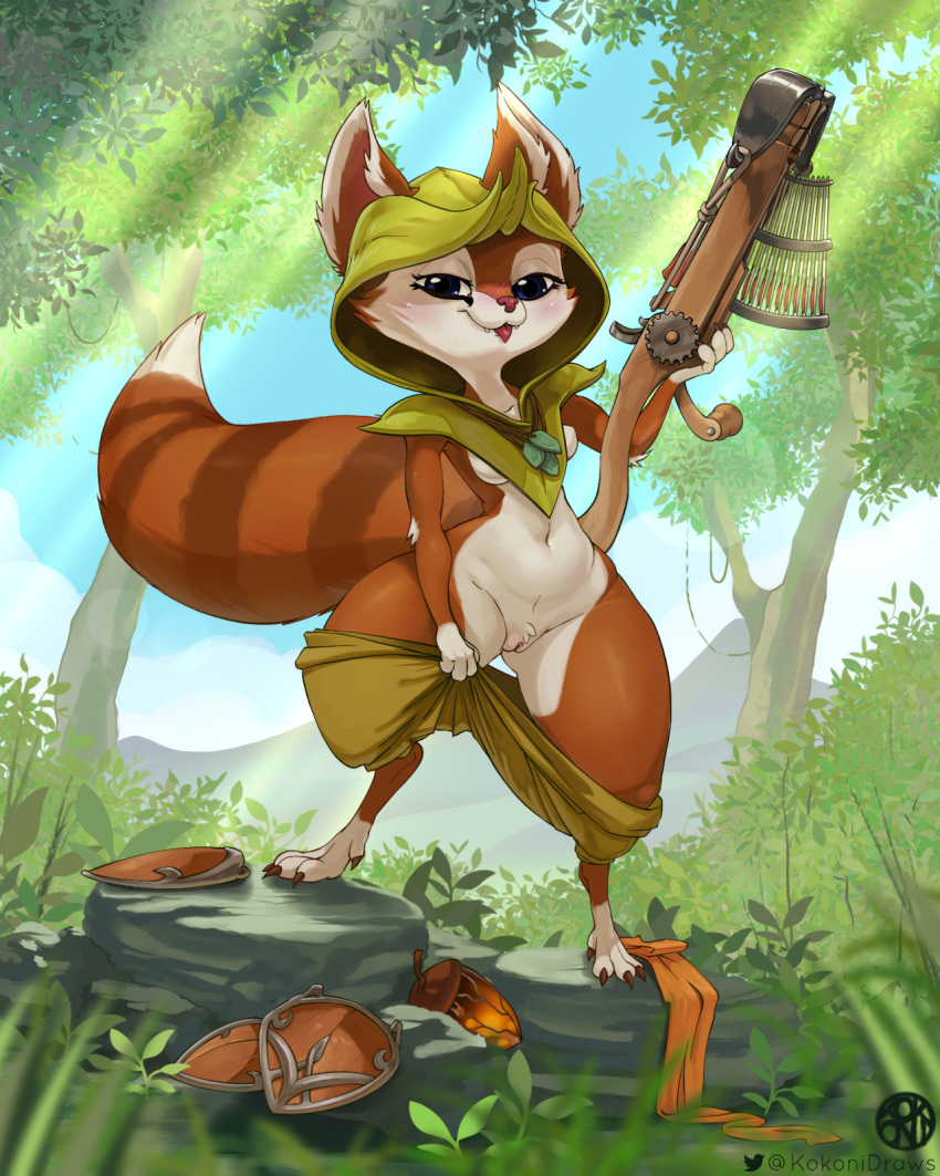 4:5 anthro breasts clothed clothing crossbow detailed_background dota dota_2 female forest fur genitals hi_res holding_object holding_weapon hoodwink_(dota) kokoni mammal outside pants_down partially_clothed plant pussy ranged_weapon rodent sciurid solo tree tree_squirrel video_games weapon