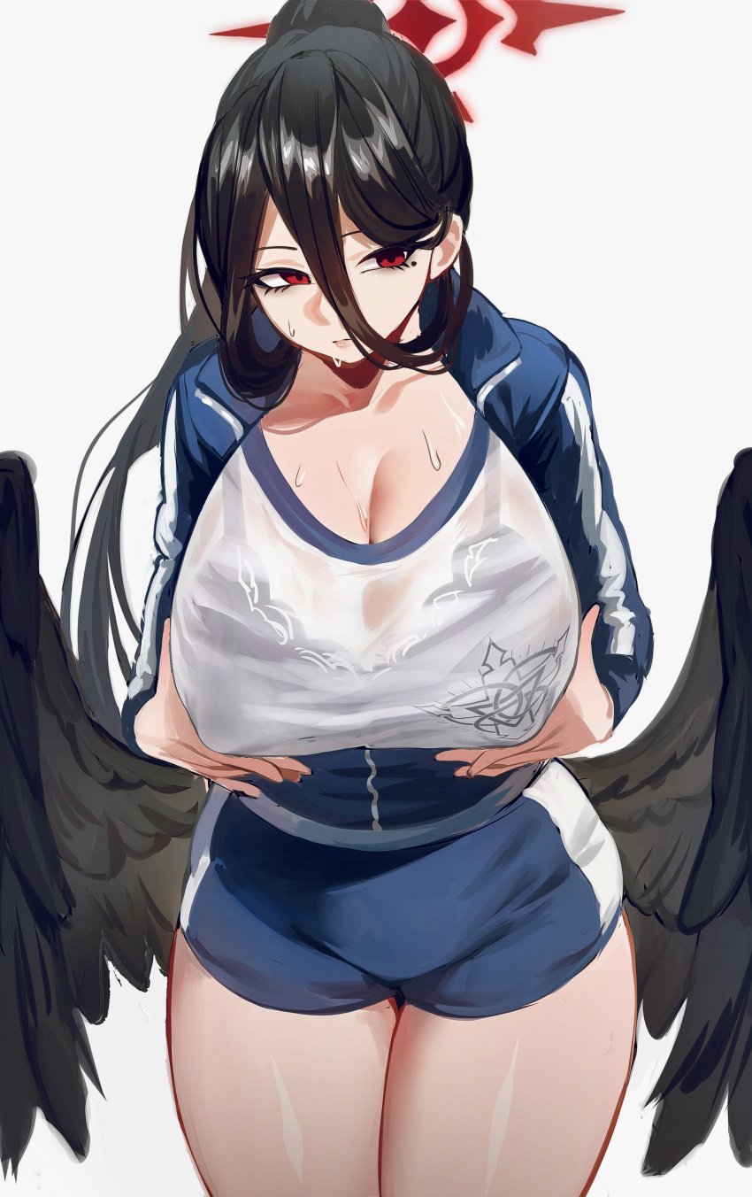 1girls absurdres big_breasts1girl black_bra black_hair black_wings blue_archive bra breasts celyn404 cleavage covered_erect_nipples feathered_wings female hair_between_eyes halo hasumi_(blue_archive) hasumi_(track)_(blue_archive) highres large_breasts mole mole_under_eye ponytail red_eyes see-through_clothes shorts simple_background solo sweat underwear wet wet_clothes white_background wings