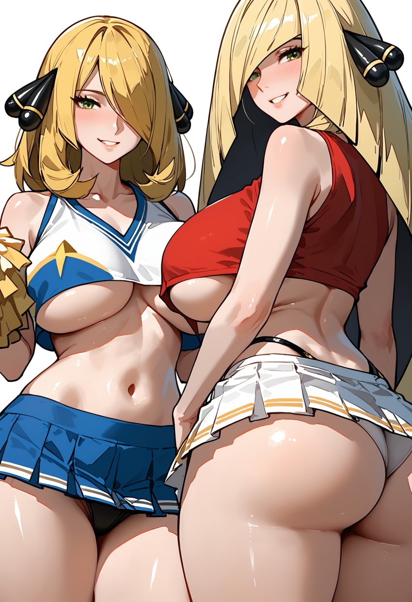 2girls ai_generated alternate_breast_size breasts cheerleader cheerleader_uniform cynthia_(pokemon) female flyingpancake game_freak green_eyes hair_over_one_eye large_breasts light-skinned_female light_skin long_hair lusamine_(pokemon) mature_female milf mother nintendo pokemon pokemon_dppt pokemon_sm