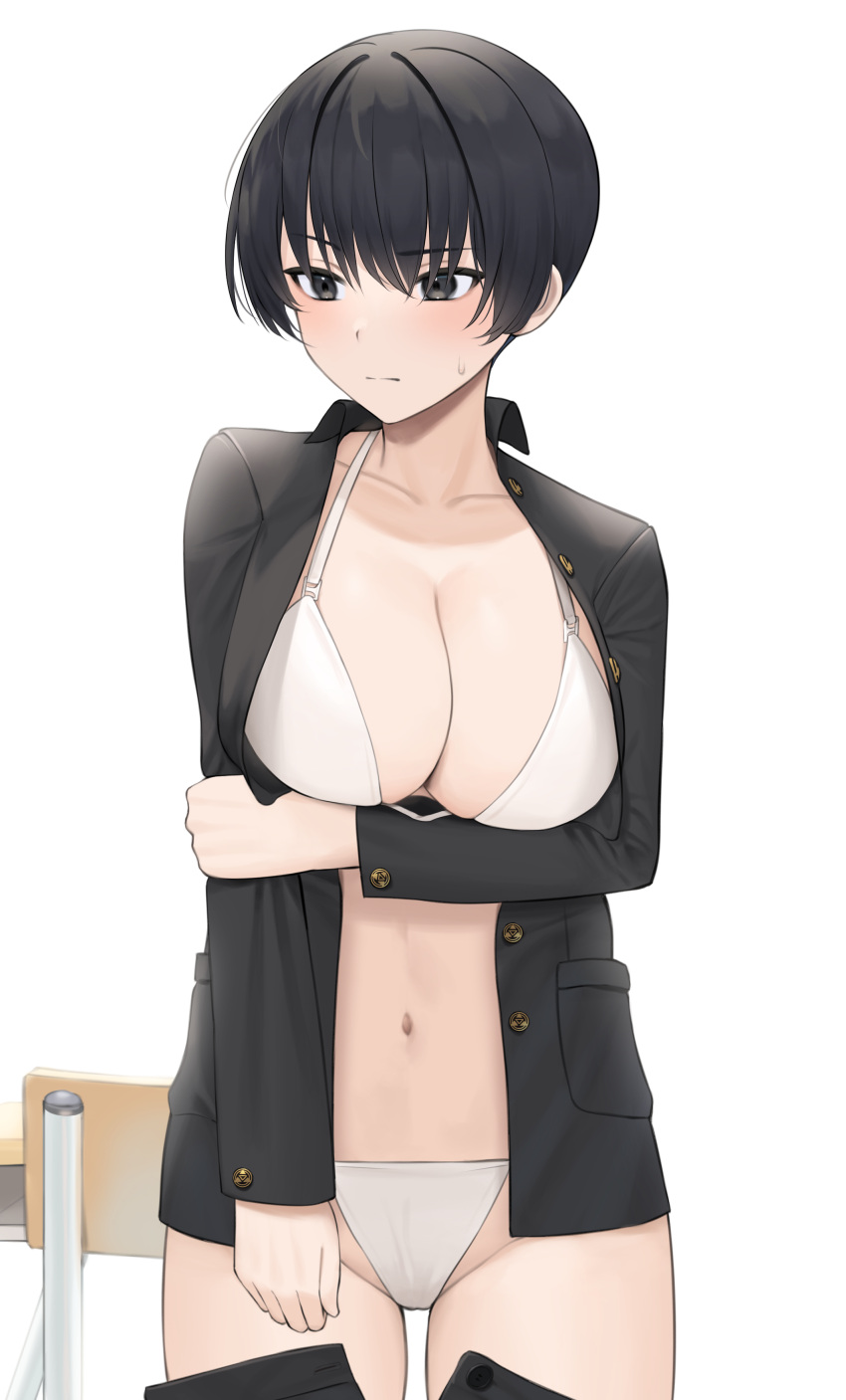 1girls absurd_res absurdres arm_under_breast arm_under_breasts bare_belly bare_chest bare_hands bare_midriff bare_navel bare_shoulders bare_skin bare_thighs bare_torso belly belly_button bikini bikini_bottom bikini_top black_coat black_hair black_hair_female black_jacket blush blush_lines blushing_at_viewer blushing_female breasts chair cleavage coat collarbone dot_nose elbows embarrassed embarrassed_female female female_focus female_only fingers groin half_naked high_resolution highres jacket large_breasts legs light-skinned_female light_skin lordol navel original original_art original_artwork original_character pussy short_hair shoulders simple_background slender_body slender_waist slim_girl slim_waist solo standing string_bikini swimsuit swimwear table thick_thighs thighs thin_waist upper_body v-line white_background white_bikini white_bikini_bottom white_bikini_top white_string_bikini white_swimsuit white_swimwear