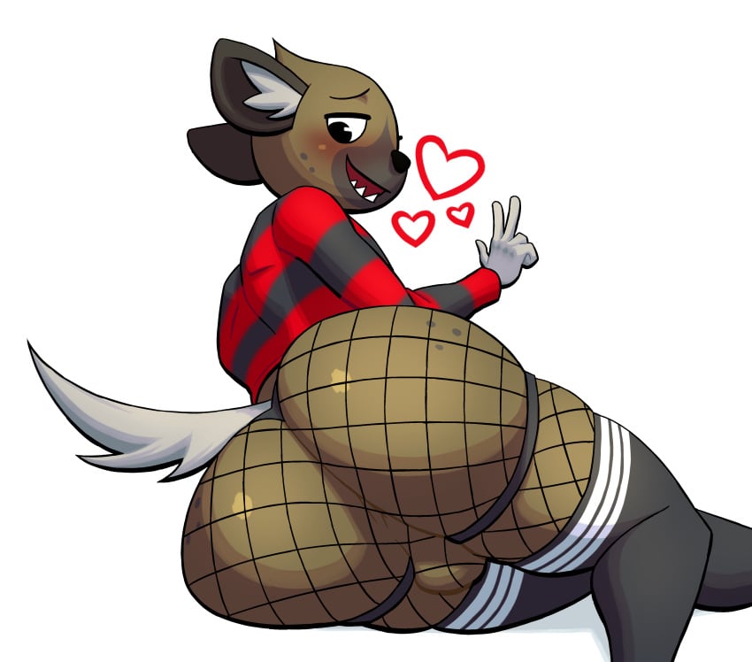 absurd_res aggressive_retsuko aggretsuko anthro anus ass balls clothing fishnet_clothing fishnet_legwear genitals gesture haida haida_(aggretsuko) hand_gesture heart_symbol hi_res hyena legwear looking_at_viewer lovetopullmicke male mammal rear_view sanrio simple_background solo thigh_highs v_sign white_background