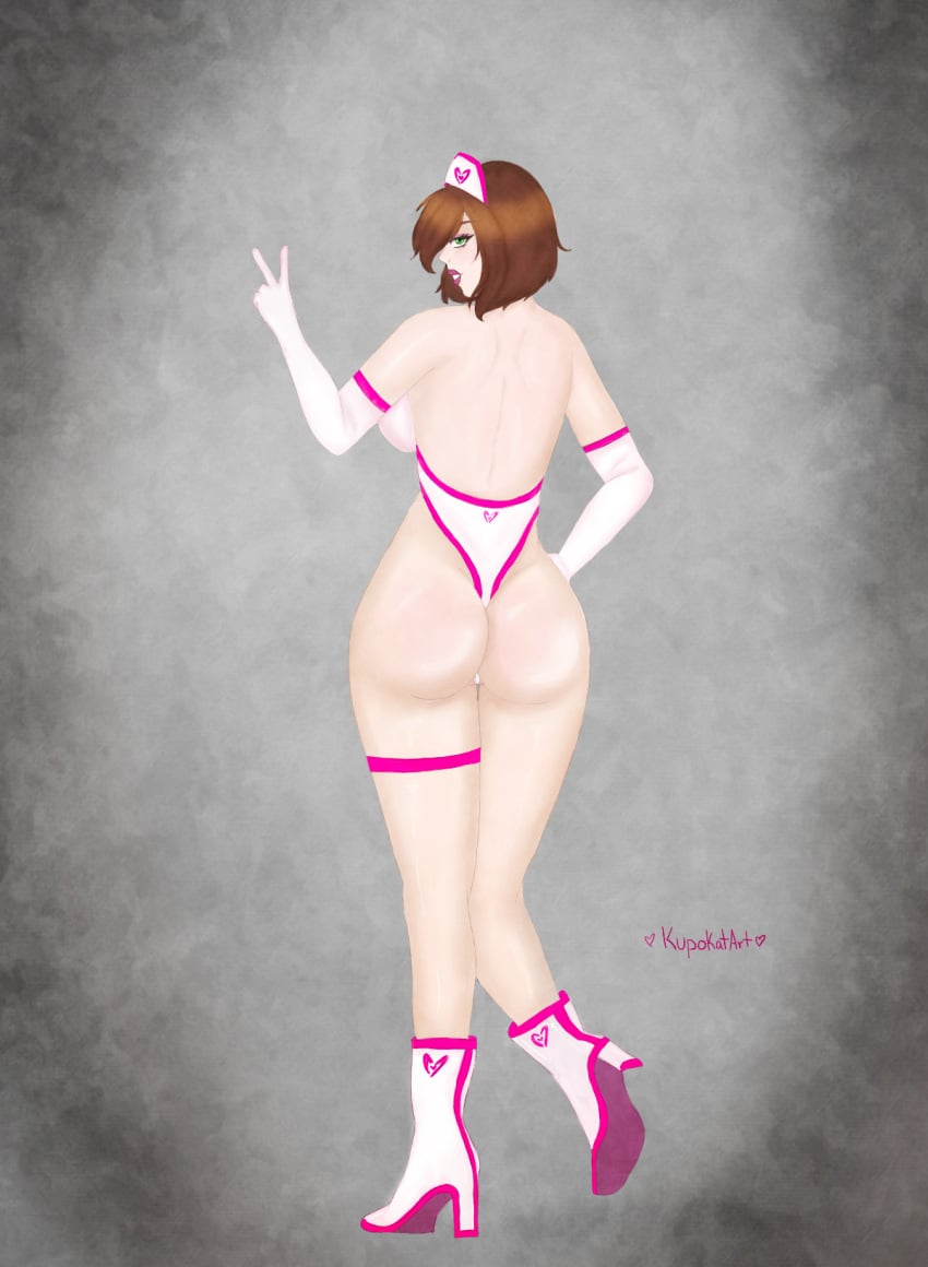 ass ass_focus big_breasts big_butt big_eyes boots eileen_galvin flirting_look green_eyes hand_on_hip kupokatart leotard looking_at_viewer nurse nurse_uniform peace_sign sexy_pose silent_hill silent_hill_4 thong thong_leotard