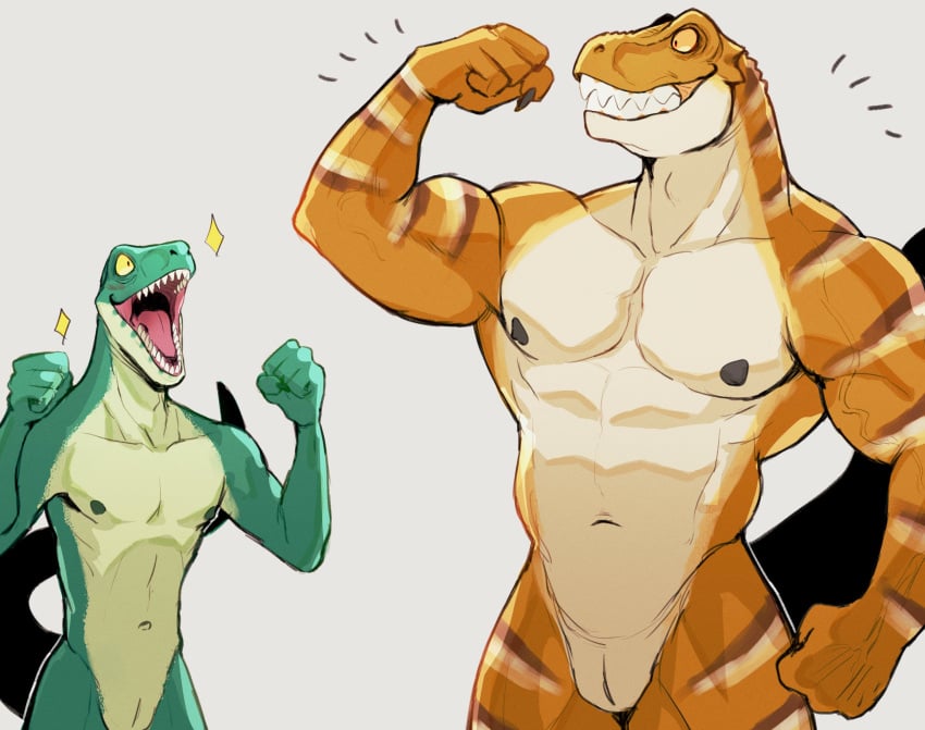 2021 animal_genitalia anthro brown_body brown_scales dinosaur duo flexing genital_slit genitals green_body green_scales hi_res k0bit0wani male multicolored_body multicolored_scales non-mammal_nipples open_mouth orange_body orange_scales reptile scales scalie sharp_teeth slit stripes teeth two_tone_body two_tone_scales white_body white_scales yellow_eyes