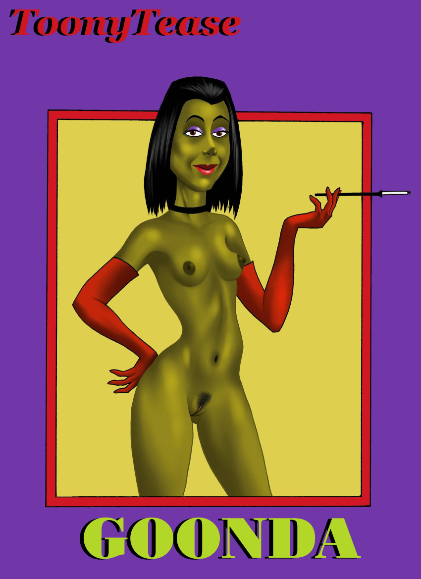 black_hair choker cigarette cigarette_holder female gloves goonda green_skin hanna-barbera long_gloves medium_breasts pubic_hair short_hair snooper_and_blabber solo toonytease