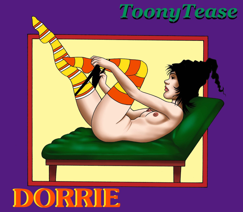 black_hair black_panties dorrie_the_witch dressing female first_porn_of_franchise long_socks small_breasts socks solo striped_legwear striped_socks toonytease witch witch_hat