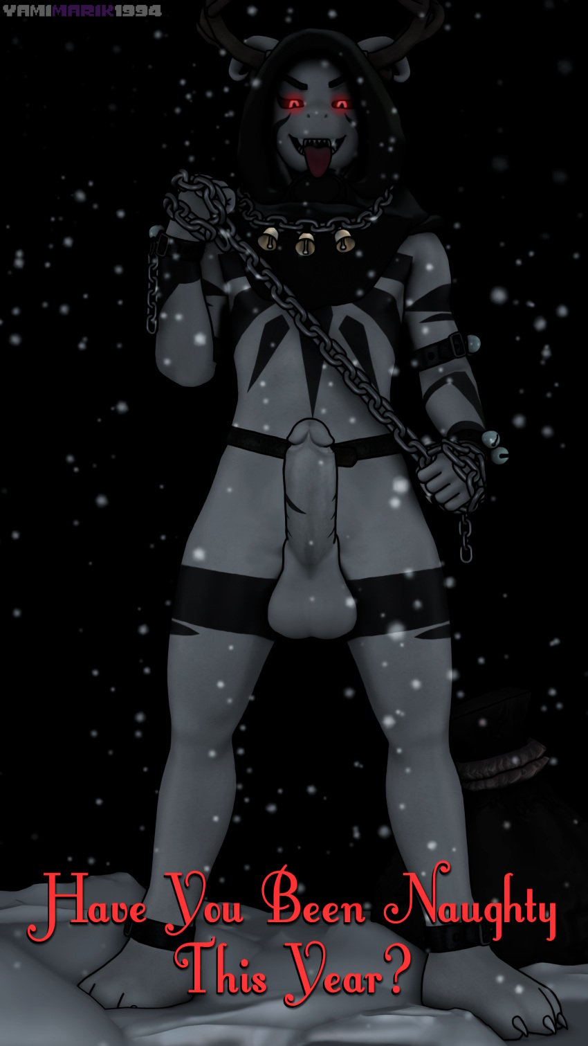 2019 3d_(artwork) 4k 9:16 absurd_res anthro antlers artist_name asriel_dreemurr asriel_dreemurr_(god_form) balls bell big_balls big_penis black_body black_fur black_sclera boss_monster bovid caprine cel_shading chains christmas detailed_background dialogue digital_media_(artwork) english_text fangs feet fur genitals glowing glowing_eyes goat hi_res holidays hood horn krampus looking_at_viewer male mammal markings multicolored_body multicolored_fur night nude outside penis red_eyes shaded sharp_teeth smile snow snowing solo source_filmmaker standing talking_to_viewer teeth text toes tongue tongue_out two_tone_body two_tone_fur undertale undertale_(series) video_games white_body white_fur yamimarik1994