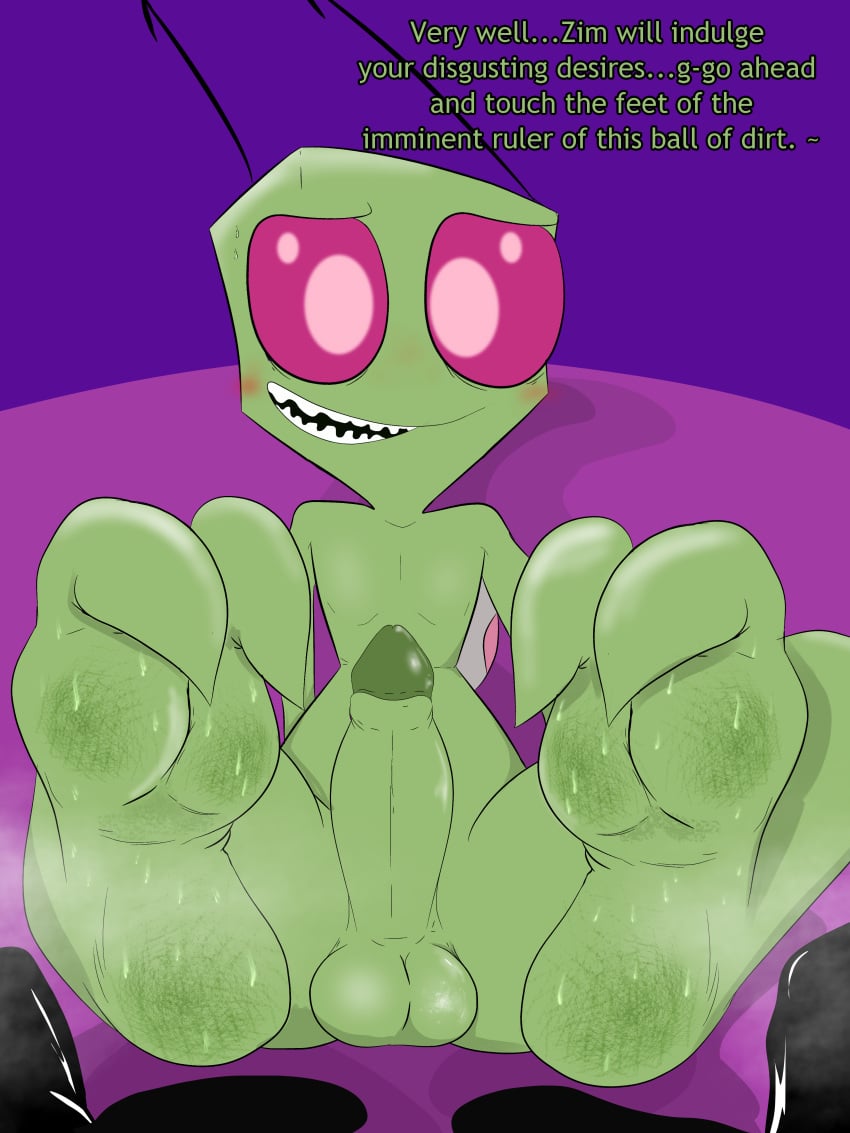 absurd_res alien alien_humanoid balls blush bodily_fluids dialogue dirty_feet english_text erection feet foot_fetish foot_focus foreskin genitals hi_res humanoid illegaleel invader_zim irken looking_at_viewer male nickelodeon nude penis shoes_removed solo sweat sweaty_feet talking_to_viewer text zim