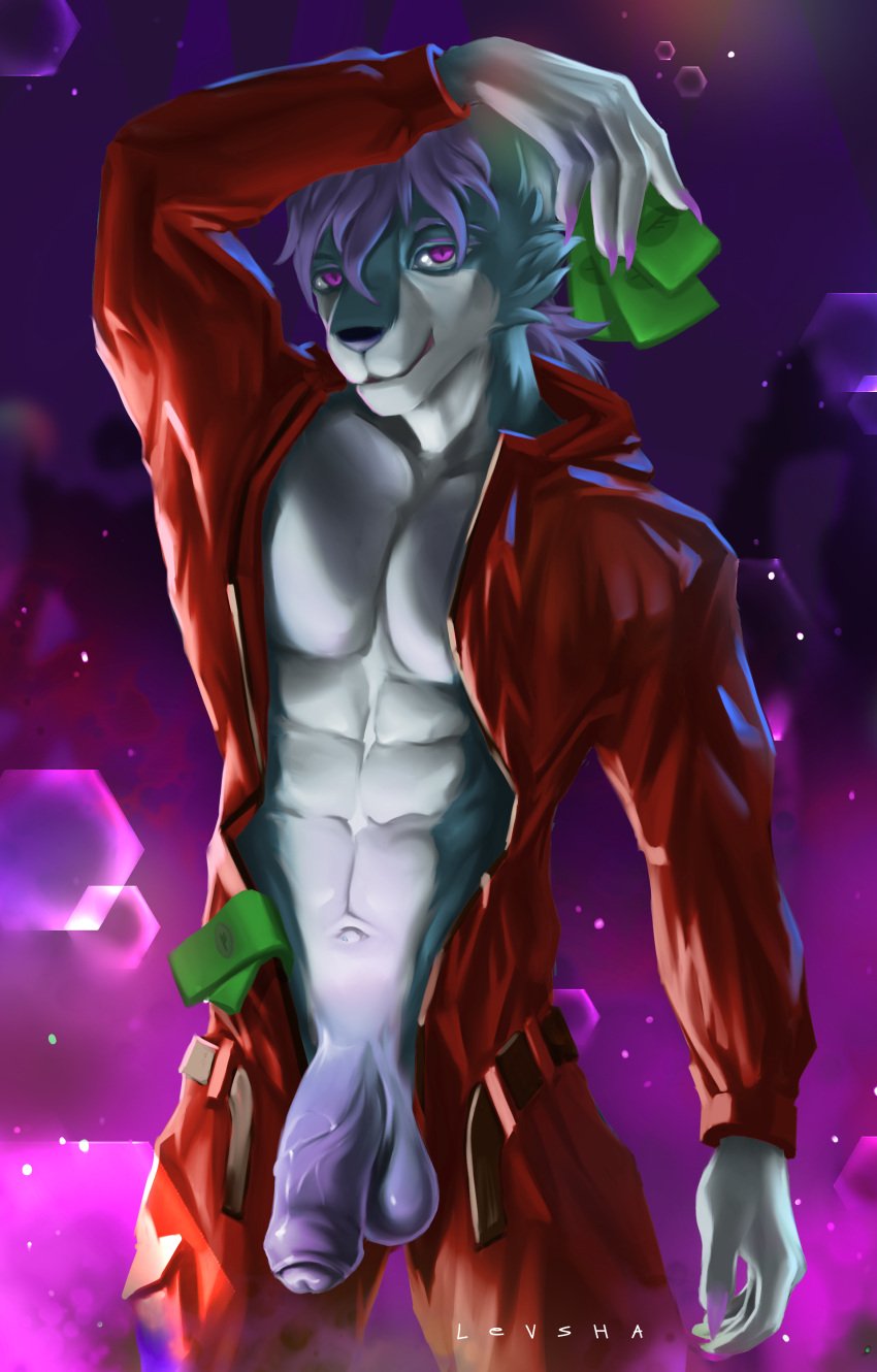 absurd_res anthro balls blue_body blue_fur canid canine canis digital_media_(artwork) drawing fur genitals hair hi_res levsha male mammal money muscular nails penis pink_hair purple_eyes solo stripper white_body white_fur wolf