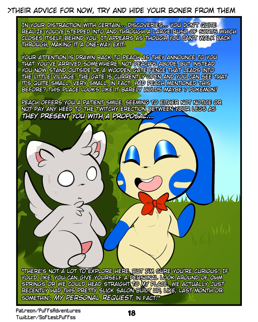 4:5 absurd_res anthro bean_smile bodily_fluids bow_ribbon comic dialogue duo english_text erection eyelashes female forest forest_background fur genitals grass grey_body grey_fur hi_res makeup male mascara minccino minun nature nature_background nervous nintendo paws peach_(rodent_powered) penis plant pokémon_(species) pokemon pokemon_(species) pokemon_mystery_dungeon robin_(rodent_powered) rodent_powered_(softestpuffss) semi-anthro softestpuffss sweat text tree video_games wide_eyed yellow_body yellow_fur