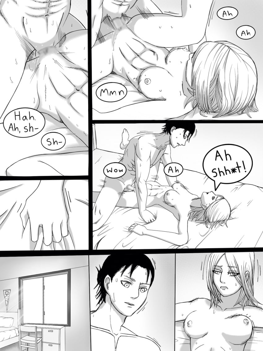 1boy 1girls abs alternate_universe annie_leonhardt athletic_female athletic_male attack_on_titan bed black_and_white breasts comic crimson_loba english_text eren_jaeger female_abs gripping_sheets hair_bun hair_down hands_on_hips long_hair manbun medium_breasts missionary_position modern_au movement_lines nipples nude nude_female nude_male nude_sex on_bed penis pussy sex sex_on_bed shingeki_no_kyojin skinny spread_legs sweatdrop tagme text vagina vaginal vaginal_penetration vaginal_sex