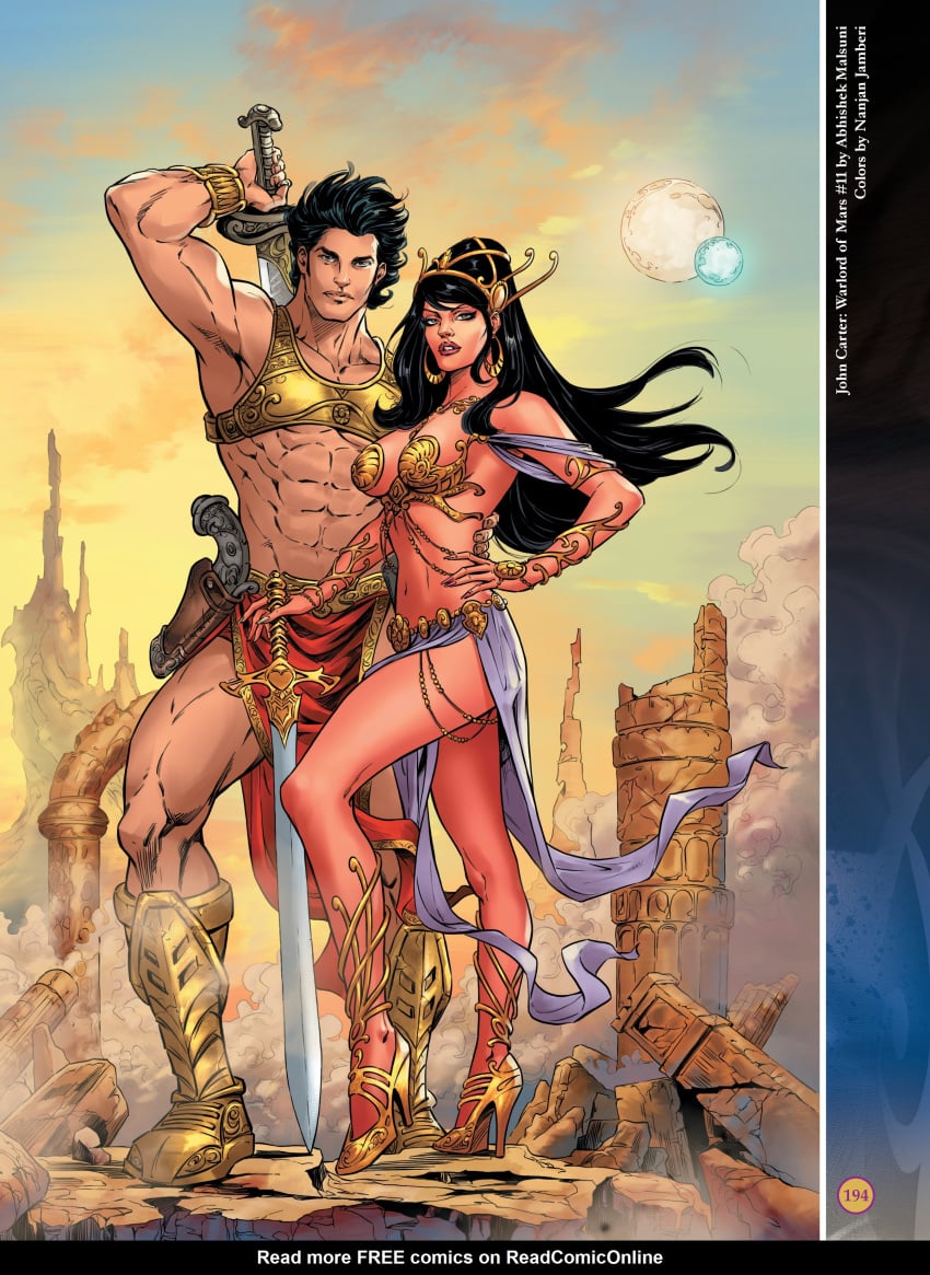 1boy 1boy1girl 1girls a_princess_of_mars abhishek_malsuni abs armpits barsoom black_hair boots bracelet brown_eyes dejah_thoris gold_(metal) gold_heels gold_pasties gun_holster headdress high_heels holding_weapon john_carter john_carter_of_mars large_breasts loincloth long_hair looking_at_viewer martian muscular_male nanjan_jamberi official_art pasties pink_skin royalty sword thick_thighs voluptuous