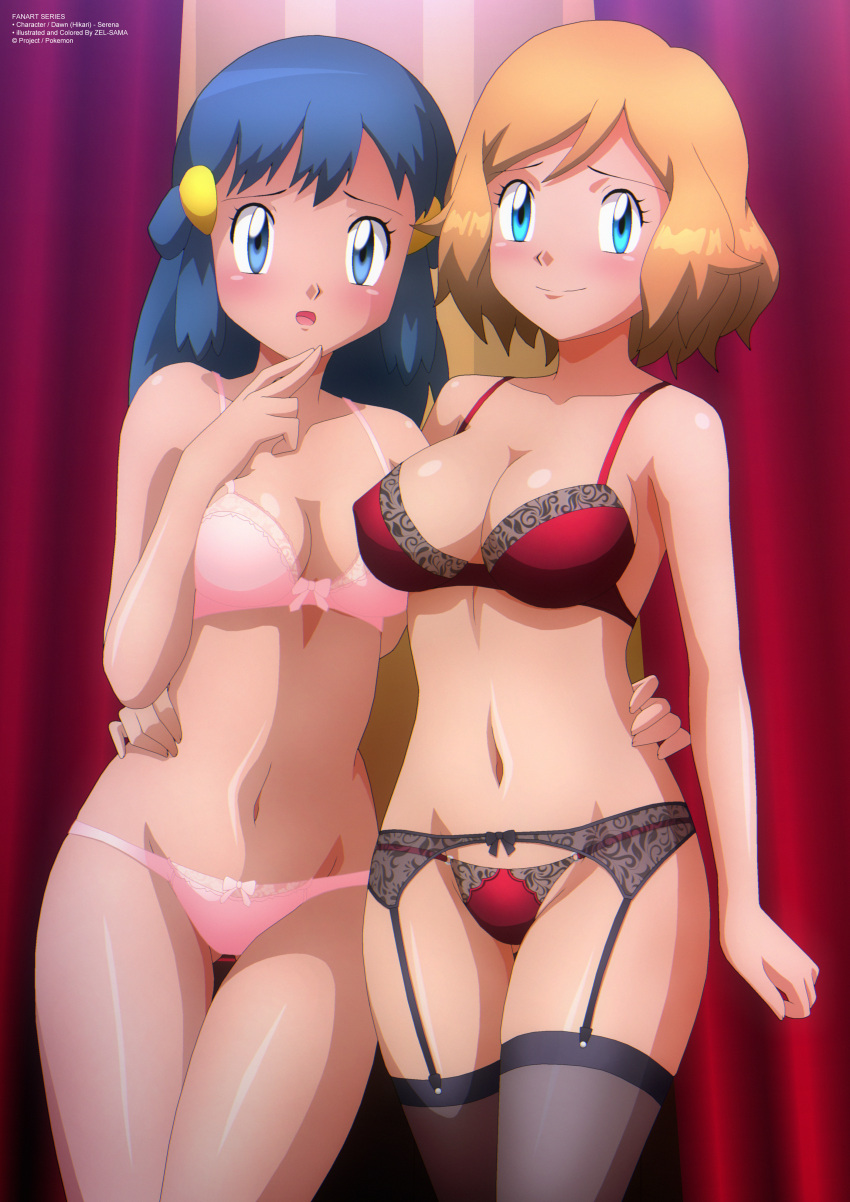 2girls absurd_res alternate_breast_size alternate_outfit blonde_hair blue_eyes blue_hair bra breasts cleavage dawn_(pokemon) female female_only garter_belt high_resolution hourglass_figure human human_only large_breasts lingerie long_hair looking_at_viewer medium_breasts midriff nintendo panties pink_bra pink_panties pokemon pokemon_dppt pokemon_xy red_bra red_panties redraw serena_(pokemon) short_hair thigh_gap thighhighs wide_hips yuri zel-sama