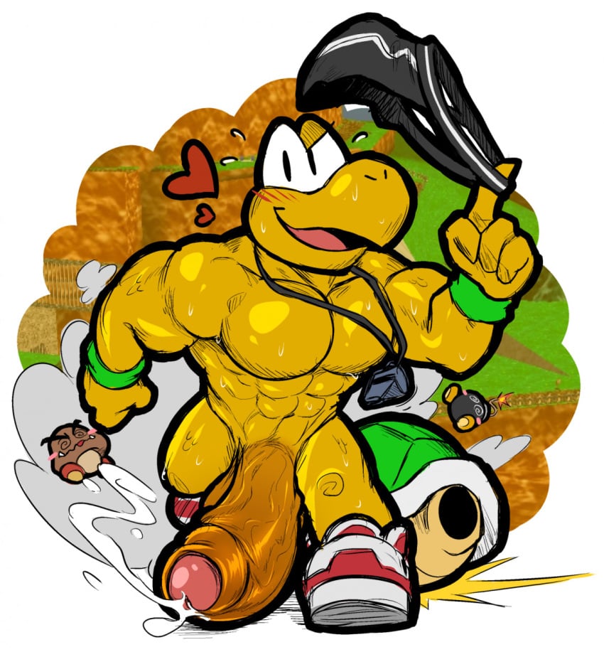 1boy 2_hearts abs anthro bara big_penis blush bob-omb bodily_fluids clothing cum footwear gay gay_male genital_fluids genitals goomba group hexdisciple hi_res huge_cock humanoid_genitalia humanoid_penis hyper hyper_genitalia hyper_penis jockstrap koopa koopa_the_quick koopa_troopa male male_only mario_(series) muscular muscular_male nintendo pecs penis running scalie screencap screencap_background shoes smile super_mario_64 underwear video_games whistle_(object)