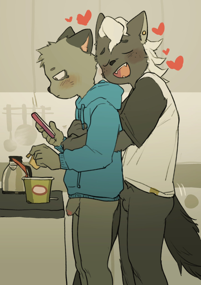 2021 2boys anthro balls black_body black_fur blue_clothing blue_hoodie blue_topwear bottomless bottomless_male clothing cougar duo ear_piercing embrace felid feline fur gay genitals grey_body grey_fur hajime_tanaka_(odd_taxi) heart hi_res holding_object holding_phone hoodie hug hugging_from_behind kemono male male/male male_only mammal mephitid milkytiger1145 odd_taxi open_mouth open_smile partially_clothed penis phone piercing shirt shun_imai_(odd_taxi) skunk smile topwear white_clothing white_shirt white_topwear yaoi