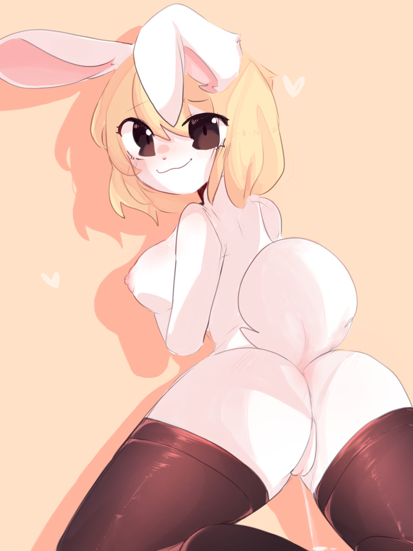 3:4 absurd_res anthro ass blonde_hair bodily_fluids breasts brown_eyes carrot_(one_piece) clothing female female_only fur genital_fluids genitals hair hi_res kemono lagomorph legwear leporid long_ears mammal marinemarines2 nipples one_piece pussy pussy_juice rabbit side_boob side_view smile stockings white_body white_fur wide_hips