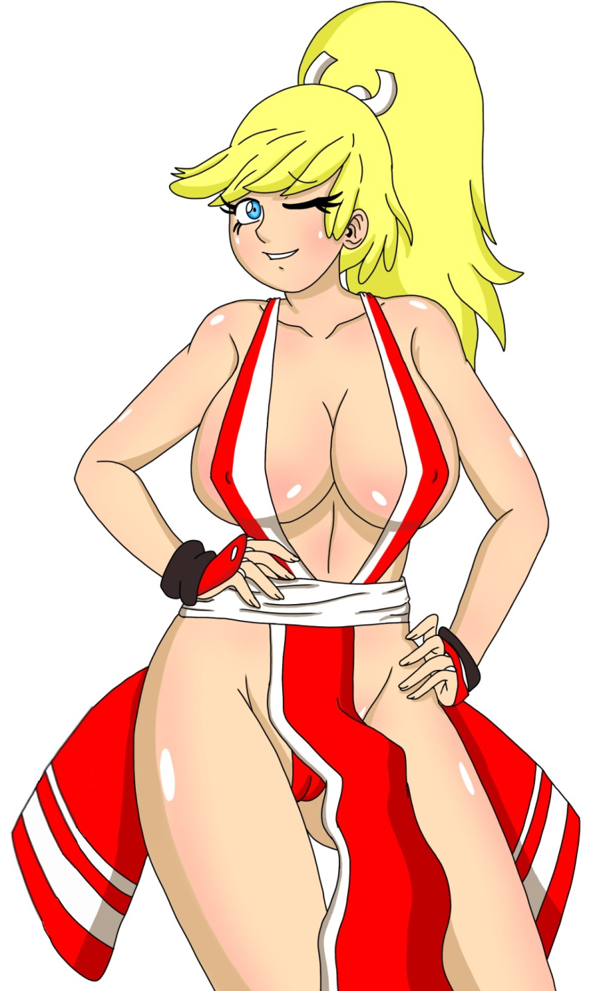 1girls barely_clothed big_breasts big_sister blonde_hair busty cleavage cosplay fatal_fury female female_only half_naked hands_on_hips hips huge_breasts king_of_fighters large_breasts leni_loud mai_shiranui_(cosplay) no_bra onee-chan revealing_clothes smile solo the_loud_house thick_thighs thighs unknown_artist wide_hips wink