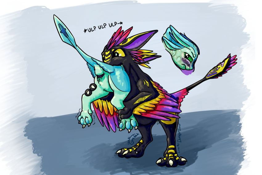 3:2 4_ears animal_genitalia anthro anthro_pred anthro_prey avali avali_(original) black_body blue_body blue_feathers blush cloaca countershading dewclaw digitigrade doesnotexist duo esophagus feathered_crest feathered_wings feathers female female_prey gambit_farsight genitals green_body green_eyes gyrotech head_crest hi_res internal luvashi male male_pred markings multi_ear oral_vore pawpads pink_body pink_feathers same_size_vore vore winged_arms wings yellow_body yellow_feathers yellow_markings