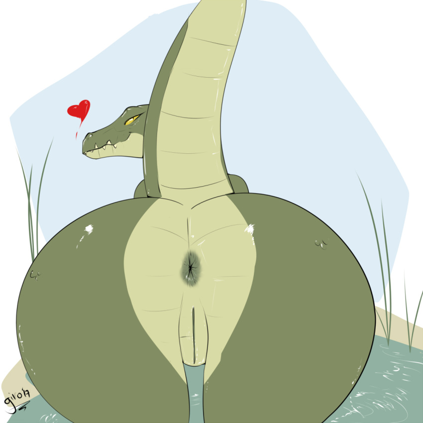 1:1 2017 anthro anus ass big_ass big_butt biped butt_focus crocodile crocodilian crocodylid female genitals girokett grass green_anus green_body green_butt green_pussy green_scales green_tail heart hi_res huge_ass huge_butt looking_at_viewer looking_back looking_back_at_viewer nude plant pussy raised_tail rear_view reptile scales scalie sharp_teeth smaller_version_at_source smile solo teeth water yellow_sclera