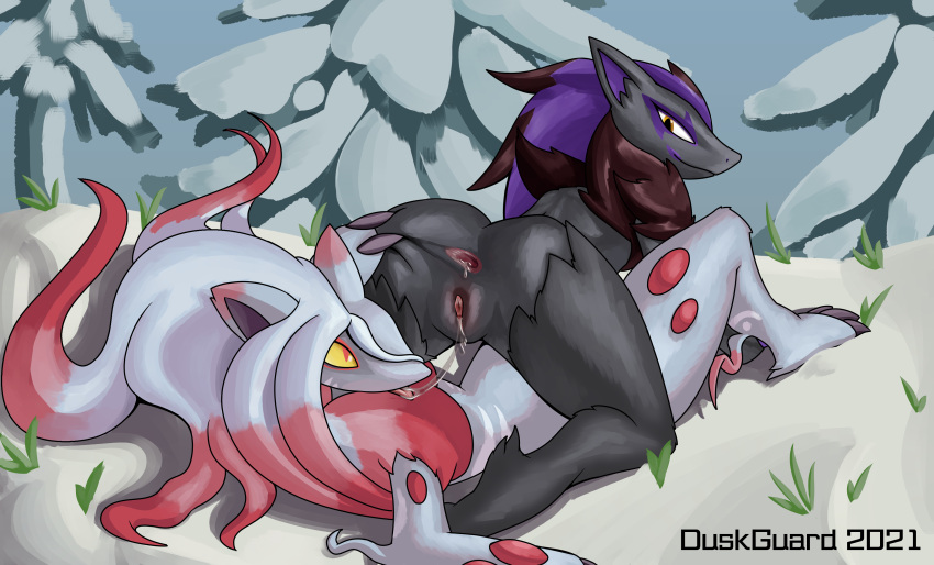 absurd_res after_oral ambiguous_gender anus bodily_fluids cold_setting duo duskguard female female/ambiguous feral fur genitals grey_body grey_fur hair hi_res hisuian_zoroark looking_back nintendo outdoors pokémon_(species) pokemon pokemon_(species) pokemon_legends:_arceus purple_hair pussy pussy_juice saliva saliva_string snow tongue tongue_out video_games white_body white_fur yellow_eyes zoroark