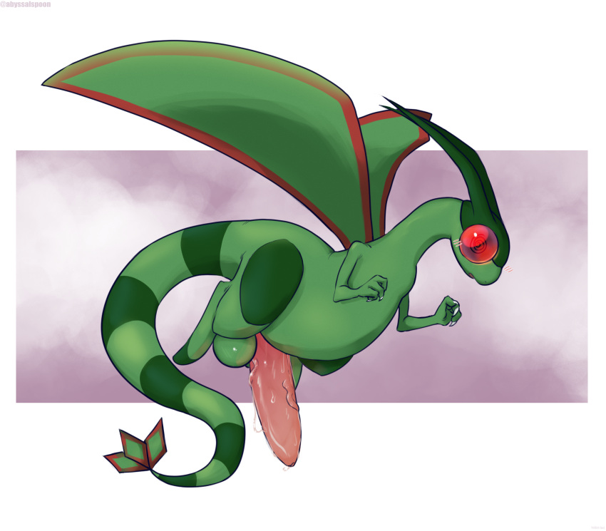 abyssalspoon bodily_fluids erection feral flygon genital_fluids genitals hi_res male nintendo no_humans penis pokémon_(species) pokemon pokemon_(species) pokemon_only simple_background solo spiral_eyes video_games wings