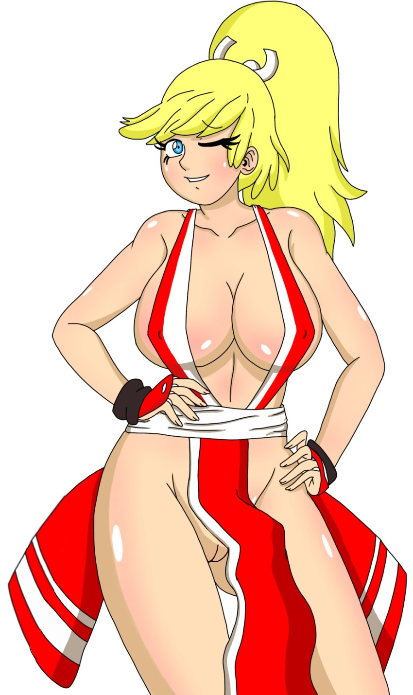 1girls barely_clothed big_breasts big_sister blonde_hair busty cleavage cosplay fatal_fury female female_only half_naked hands_on_hips hips huge_breasts king_of_fighters large_breasts leni_loud mai_shiranui_(cosplay) no_bra no_panties no_underwear onee-chan pussy revealing_clothes smile solo the_loud_house thick_thighs thighs unknown_artist vagina wide_hips wink