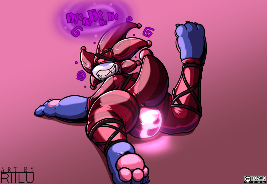 2021 3_toes anthro blue_body bodysuit bulge claws clothed clothing countershade_face countershading digital_drawing_(artwork) digital_media_(artwork) english_text feet glistening gradient_background hindpaw jester laugh lock_bulge lock_symbol male markings null_bulge padlock_symbol pawpads paws pink_pawpads possession riilu riilu_(character) rubber scalie sharp_teeth simple_background skinsuit spiral teeth text tight_clothing toe_claws toes watermark