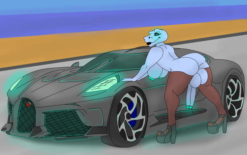 absurd_res anthro balls beach breasts bugatti bugatti_la_voiture_noire car clothing foreskin futanari genitals glowing gynomorph hi_res high_heels intersex leaning legwear miomorus penis seaside smile solo stockings unknown_species vehicle