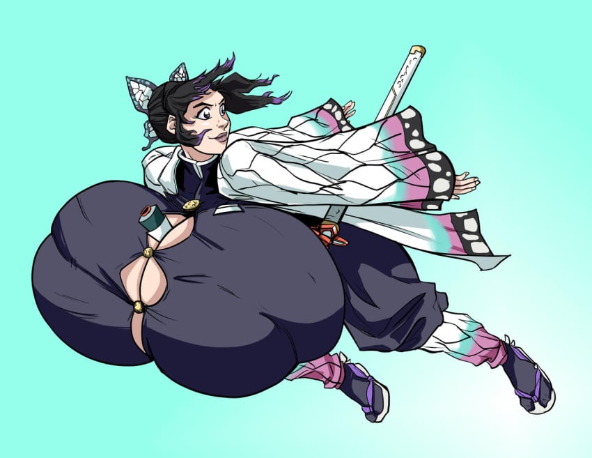 big_breasts black_hair blue_background butterfly_hair_ornament cleavage demon_slayer female female_only first-second full_body gigantic_breasts haori huge_breasts hyper_breasts katana kimetsu_no_yaiba kochou_shinobu looking_back massive_breasts no_bra object_between_breasts smile solo straining_buttons sword tight_clothing top_heavy two_tone_hair uniform