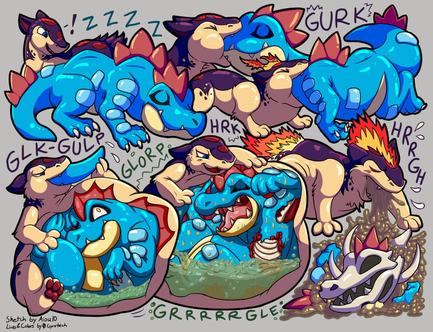 absurd_res after_vore aisu10 blitz_(gyro) blue_body blue_eyes bodily_fluids bone closed_eyes countershading death digestion disposal english_text fan_character feral feraligatr fire gore gyrotech hi_res male markings mottled mottled_body nintendo oral_vore organs paws pokémon_(species) pokemon pokemon_(species) purple_body quadruped quilava red_markings skull sleeping stomach stomach_acid tan_body text video_games vomit vore