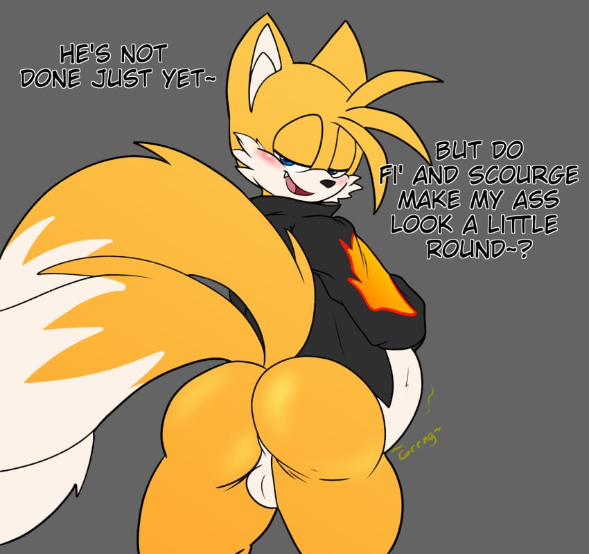 after_vore anthro ass balls belly big_belly blush bottomless canid canine clothed clothing dialogue digestion digestion_noises duo english_text fangs fox foxynoms genitals hi_res looking_back male male_pred mammal oral_vore same_size_vore sega solo_focus sonic_(series) sonic_the_hedgehog_(series) tails text vore