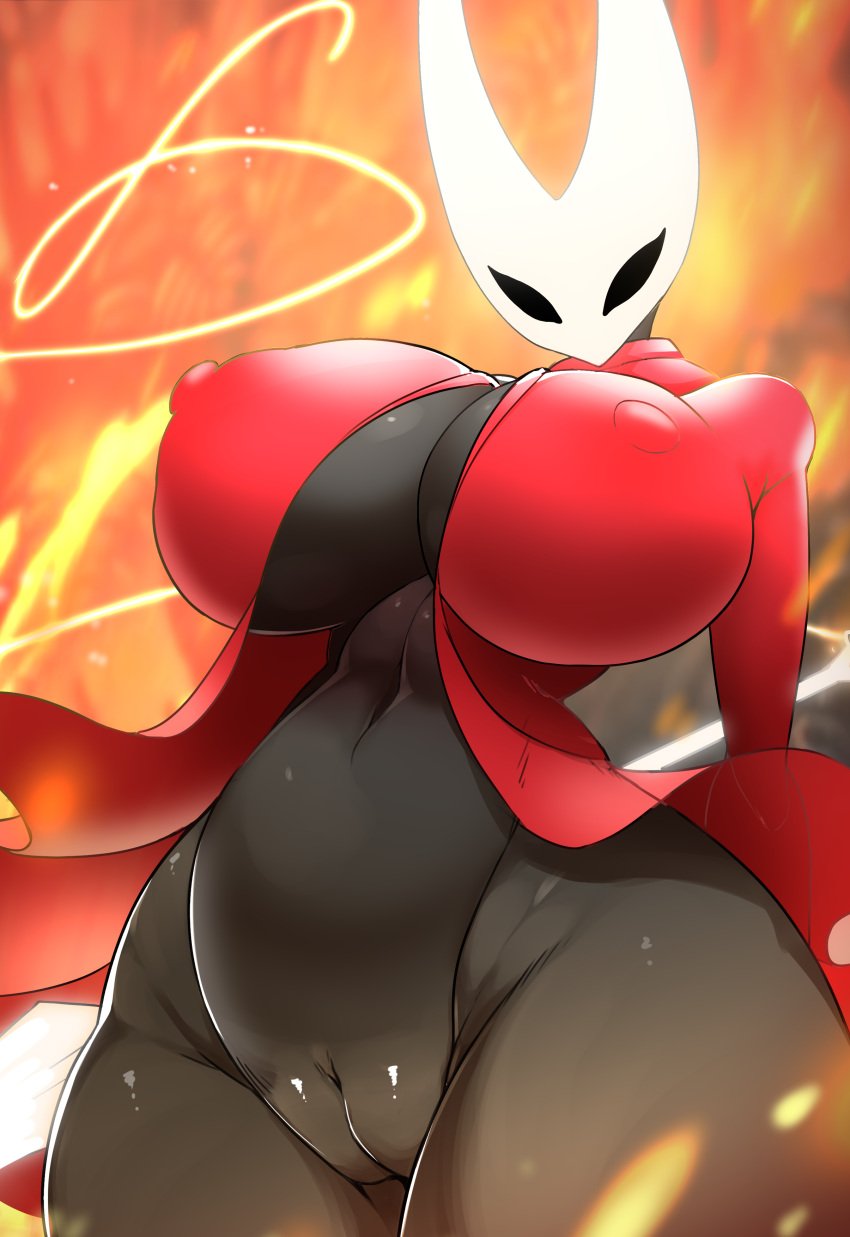 absurd_res anthro arthropod ashraely big_breasts black_body breasts cape cloak clothed clothing curvy_figure digital_media_(artwork) fecharis female genitals hi_res hollow_knight hornet_(hollow_knight) huge_breasts insects looking_at_viewer nipples pussy red_cape simple_background solo team_cherry thick_thighs video_games voluptuous weapon wide_hips