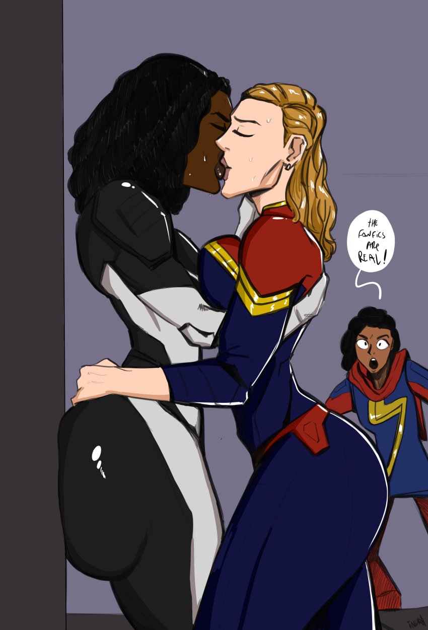 2022 3girls age_difference artist_signature big_ass big_breasts blonde_hair caked_up captain_marvel carol_danvers caught chocolate_and_vanilla clothed dark-skinned_female dark_skin female female_only fully_clothed funny funny_face gigantic_ass hands_around_waist heroine huge_ass huge_breasts human human_only indralvspaizuri interracial interracial_yuri kamala_khan kissing light-skinned_female long_hair marvel marvel_cinematic_universe mature_female middle_eastern_female monica_rambeau ms._marvel multiple_girls photon_(marvel) skin_tight superhero superhero_costume superheroine sweating the_marvels tight_clothing yuri yuri_with_female_audience