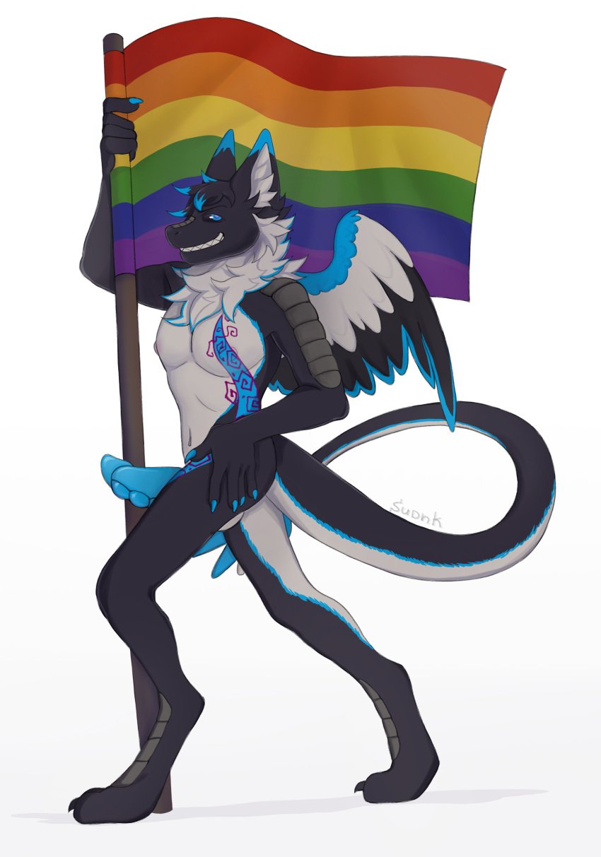 absurd_res angel_dragon anthro black_body black_fur blue_eyes blue_penis dragon feathered_wings feathers flag fur furred_dragon genitals hi_res kaezer_luna_(ragingmoonbeam) lgbt_history_month lgbt_pride male male_only nude penis pose pride_colors solo sudnk tagme wings