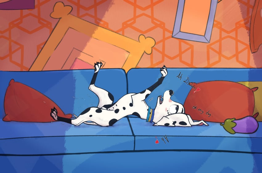 101_dalmatian_street 101_dalmatians abstract_background absurd_res canid canine canis collar dalmatian disney dolly_(101_dalmatians) domestic_dog eggplant female feral food fruit furniture hi_res looking_pleasured lying mammal masturbation multi_nipple nipples on_back pillow plant sofa solo thatcatlie