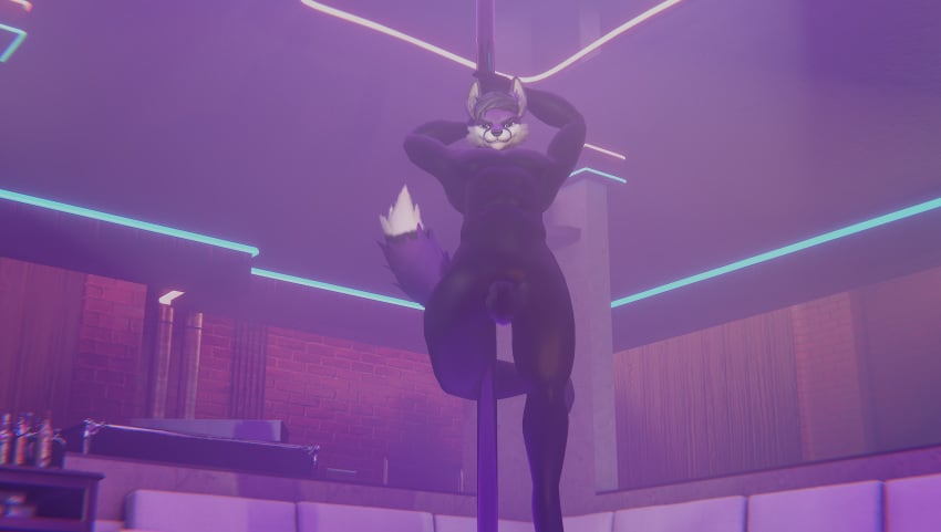 absurd_res anthro bjorn_jr blender_(software) bulge canid canine clothing dancing fox hi_res huge_filesize male mammal muscular muscular_male nightclub pole pole_dancing rubber rubber_clothing rubber_suit solo thick_thighs vdezten