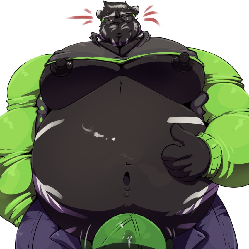 1:1 anthro belly belly_rub big_belly bobert bodily_fluids bulge clothed clothing erection felid fur genitals hi_res hungry inflation lustful_gaze male mammal moobs morgan_(sillysigma) muscular muscular_anthro muscular_male navel nipples overweight overweight_male pantherine pecs solo swelling tiger