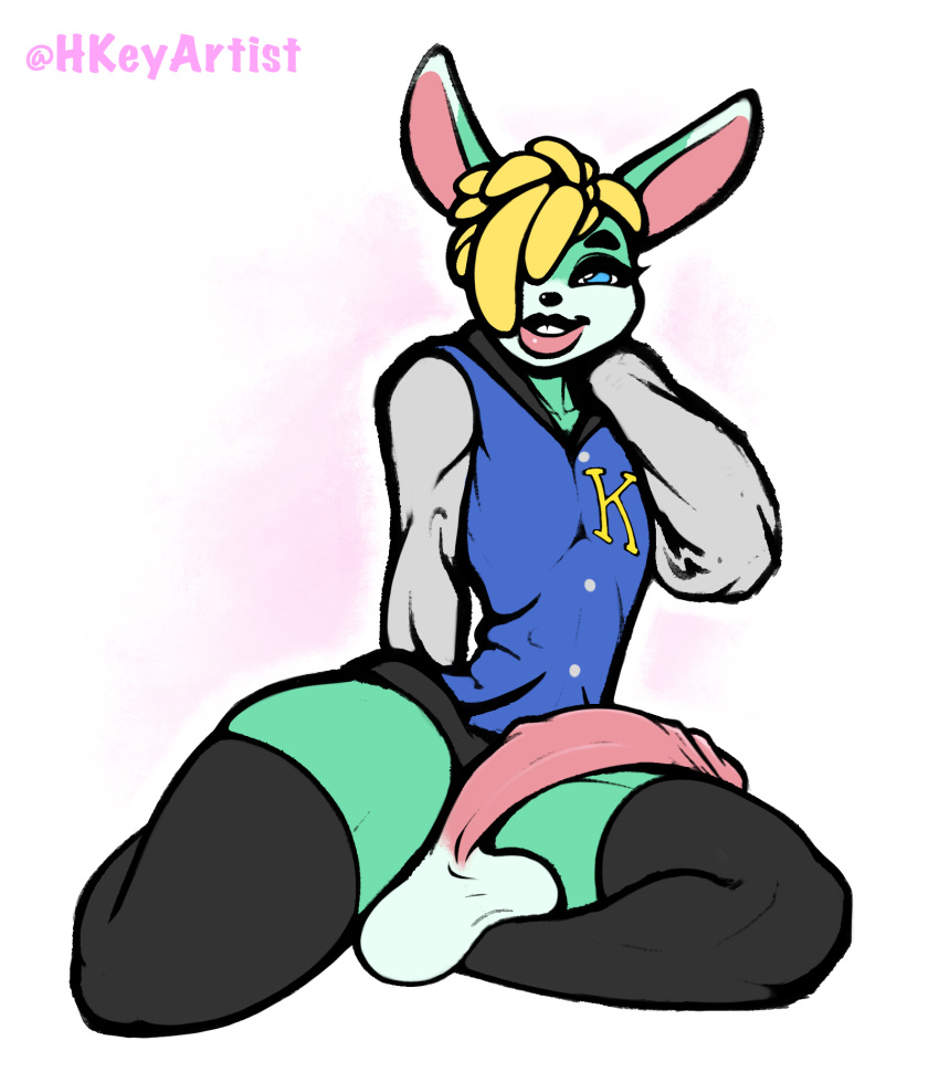 animal_crossing anthro balls big_balls big_penis blonde_hair clothed clothing femboy genitals h-key hair hair_over_eye hi_res hung_trap jacket lagomorph legwear lips male mammal nintendo one_eye_obstructed partially_clothed penis sasha_(animal_crossing) solo thick_lips thick_thighs thigh_highs topwear video_games