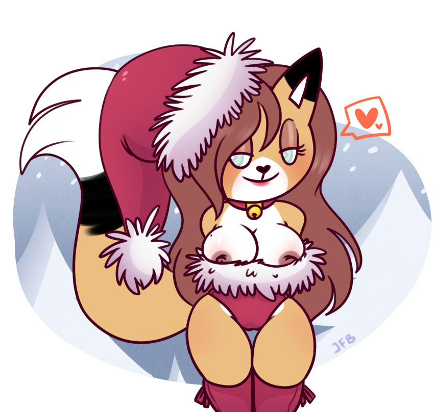 alpha_channel big_breasts blue_eyes breasts brown_hair canid canine chibi christmas christmas_clothing christmas_headwear christmas_present christmas_tree cleavage clothed clothing cold costume digital_media_(artwork) drawing evergreen_tree female fox fur hair hat headgear headwear heart hi_res holidays j.fbelen lu_fox mammal merry_christmas orange_body orange_fur pine_tree pinup plant pose pubes santa_costume santa_hat smile smiling_at_viewer snow snowflake solo tree