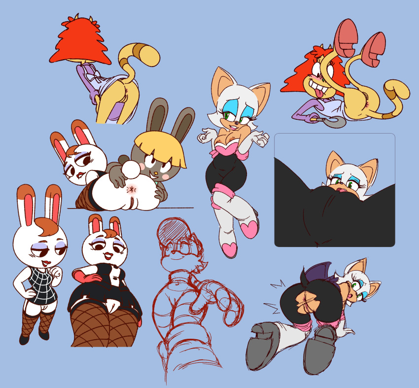 absurd_res all_fours animal_crossing anthro anus archie_comics ass blue_background bonbon_(animal_crossing) bottomless breasts cameltoe chipposter chiropteran cleavage clothed clothing domestic_cat dr._hutchison dress felid feline felis female female/female fishnet fishnet_legwear footwear front_view garter_straps genitals group hair hi_res hook_hand lagomorph legs_up legwear leporid low-angle_view mammal multiple_images nickelodeon nintendo nipple_slip presenting_partner pussy rabbit rear_view red_hair rocko's_modern_life rouge_the_bat sally_acorn sega shoes simple_background sketch sketch_page sonic_(series) sonic_the_hedgehog_(archie) sonic_the_hedgehog_(comics) sonic_the_hedgehog_(series) spread_butt spreading tiffany_(animal_crossing) tongue tongue_out torn_clothes video_games wardrobe_malfunction