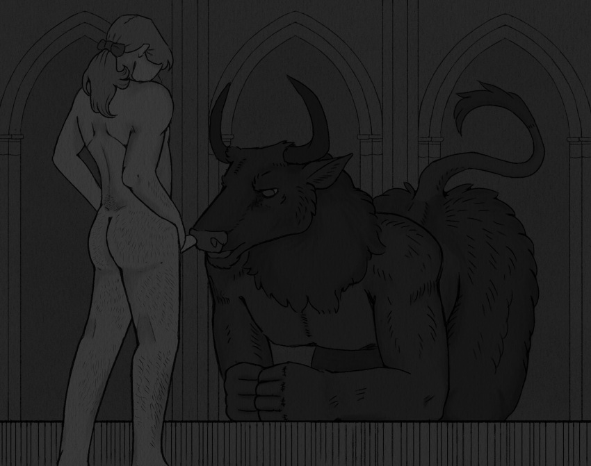 architecture ass black_body black_fur body_hair bovid bovine butt_hair cattle clenched_fists duo european_mythology fist fluffy_thighs fur genitals gothic_architecture greek_mythology greyscale greyscale_background hair hairy_arms hairy_legs harpsichord_(artist) hi_res horn human humanoid_genitalia humanoid_penis inside larger_male looking_at_genitalia looking_at_penis male male/male mammal minotaur monochrome muscular muscular_male mythology nasal_penetration neck_tuft nude on_ground open_mouth penis ponytail raised_tail size_difference tail_tuft tuft