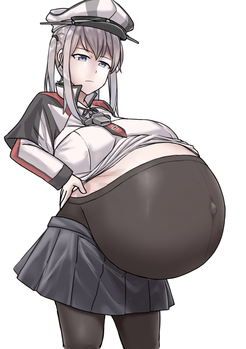 big_breasts female female_only frown garylin graf_zeppelin_(kantai_collection) hand_on_hip huge_belly hyper_belly hyper_pregnancy kantai_collection maternity_pantyhose military_hat military_uniform pantyhose pleated_skirt pregnant ready_to_pop silver_hair solo twintails uniform