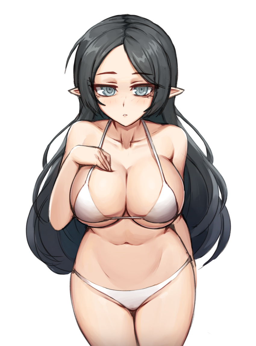 adele_(maplestory) bangs bare_shoulders bikini black_hair blush breast_suppress breasts cleavage collarbone cowboy_shot eyebrows_visible_through_hair female grey_eyes highres large_breasts long_hair looking_at_viewer maplestory mastgg navel parted_bangs parted_lips pointy_ears simple_background solo stomach swimsuit white_background