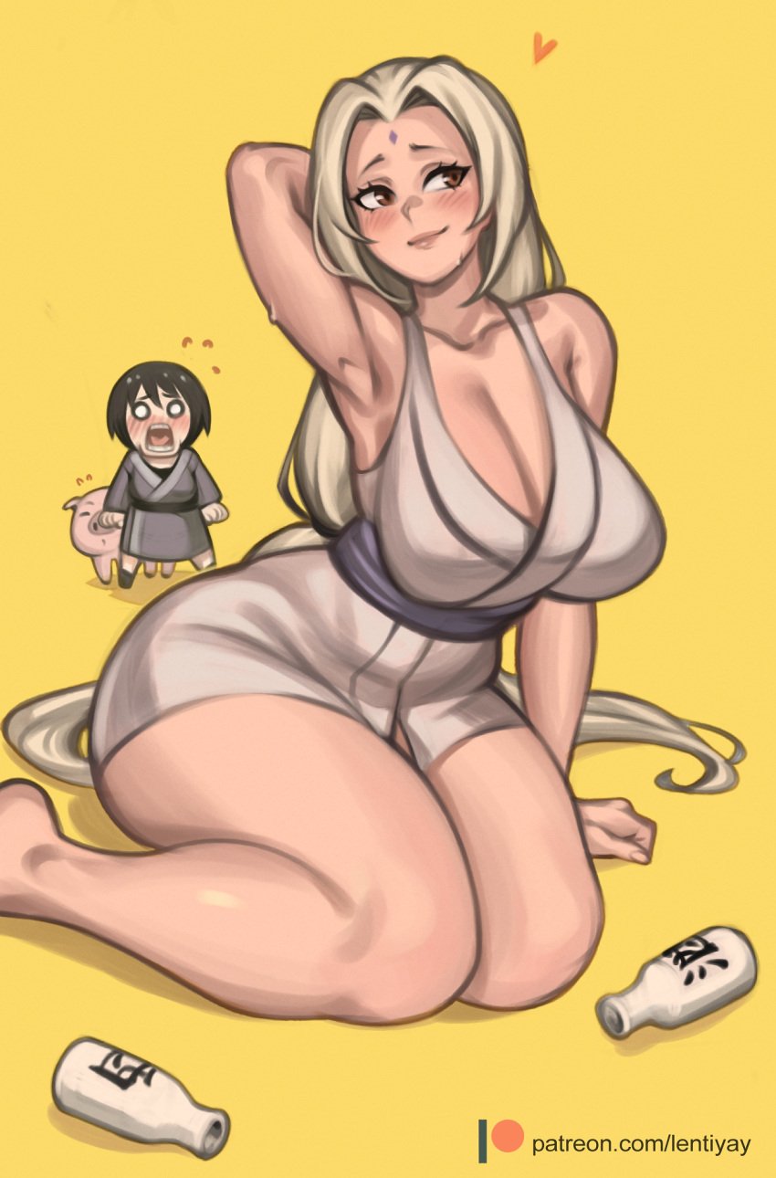 2girls armpits bare_legs big_breasts black_hair blonde_hair blush breasts curvy_figure drunk hearts huge_breasts large_breasts lentiyay long_hair naruto naruto_(series) no_pants shizune short_hair thick_thighs thighs tonton tsunade wide_hips yellow_background