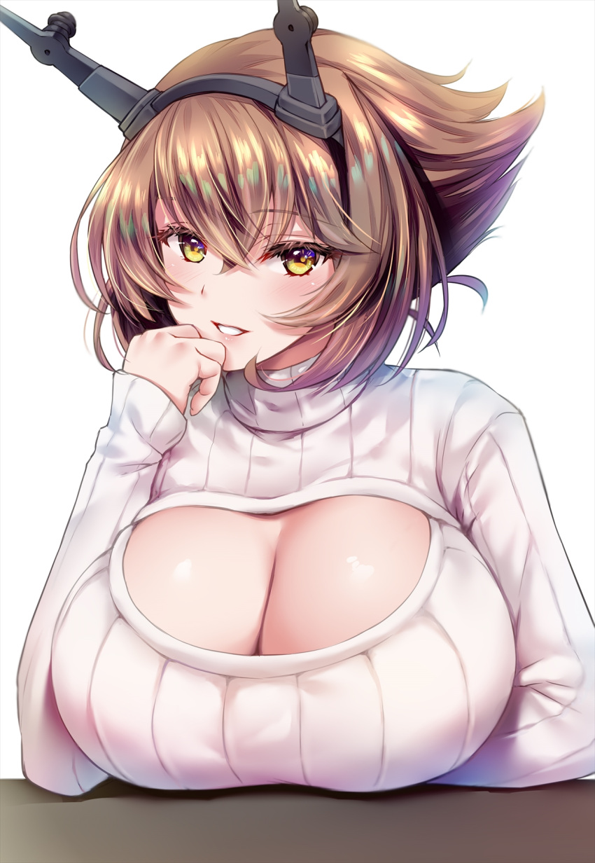 blush breast_rest breasts claret_cardinal female female_only hairband headgear huge_breasts kantai_collection keyhole keyhole_turtleneck looking_at_viewer mutsu_(kantai_collection) ribbed_sweater shiny_skin smile solo sweater turtleneck turtleneck_sweater upper_body yellow_eyes