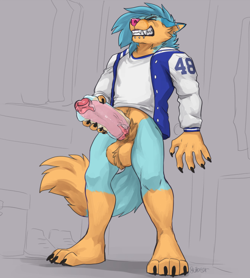 2021 4_toes 5_fingers anthro balls broken_sex_toy canid canine canis clothed clothing digital_media_(artwork) domestic_dog feet fingers genitals hi_res male male_only mammal penis seibear solo teslawolfen toes